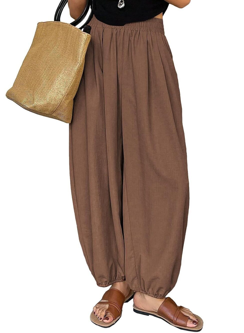 Boho Harem Pants High Waist Elastic Coffee Medium